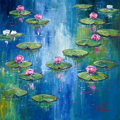 Lirios de Agua en el Estanque III by Villalba - Original Painting on Box Canvas